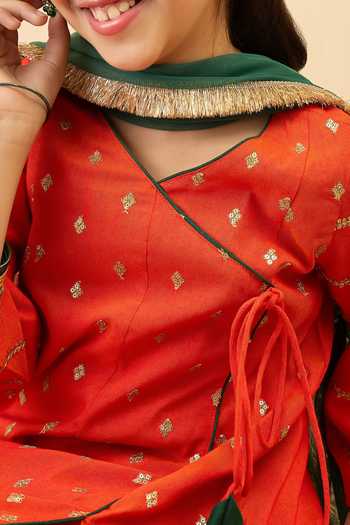 StyloBug Orange Viscose Embroidered Angarkha Kurta Set at Aza Fashions StyloBug_Orange Viscose Embroidered Angarkha Kurta Set _at_Aza_Fashions