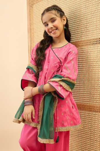 Shop StyloBug Pink Viscose Embroidered Angarkha Kurta Set Online at Aza Fashions Shop_StyloBug_Pink Viscose Embroidered Angarkha Kurta Set _Online_at_Aza_Fashions