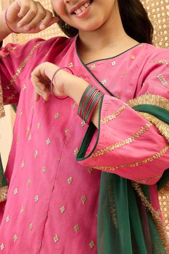 Buy StyloBug Pink Viscose Embroidered Angarkha Kurta Set Buy_StyloBug_Pink Viscose Embroidered Angarkha Kurta Set
