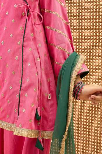 Shop StyloBug Pink Viscose Embroidered Angarkha Kurta Set Shop_StyloBug_Pink Viscose Embroidered Angarkha Kurta Set