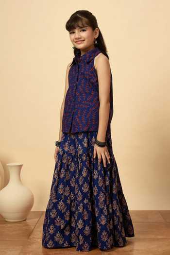 StyloBug Blue Cotton Printed Shirt And Lehenga Set Online at Aza Fashions StyloBug_Blue Cotton Printed Shirt And Lehenga Set _Online_at_Aza_Fashions