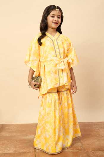 StyloBug Yellow Silk, Polyester Printed Kaftan Kurta And Sharara Set at Aza Fashions StyloBug_Yellow Silk, Polyester Printed Kaftan Kurta And Sharara Set _at_Aza_Fashions