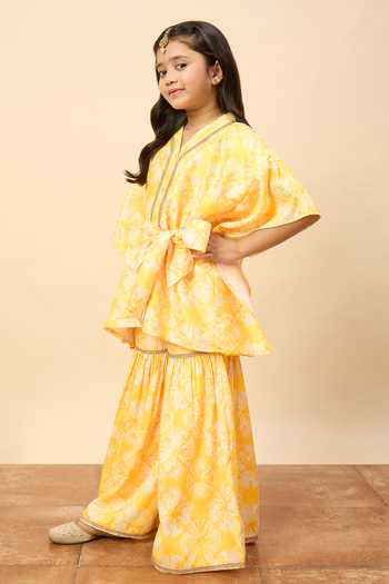 Buy StyloBug Yellow Silk, Polyester Printed Kaftan Kurta And Sharara Set Buy_StyloBug_Yellow Silk, Polyester Printed Kaftan Kurta And Sharara Set