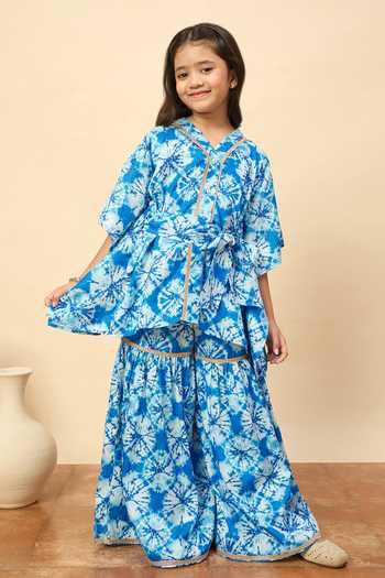 Buy StyloBug Blue Silk, Polyester Printed Kaftan Kurta And Sharara Set Online at Aza Fashions Buy_StyloBug_Blue Silk, Polyester Printed Kaftan Kurta And Sharara Set _Online_at_Aza_Fashions