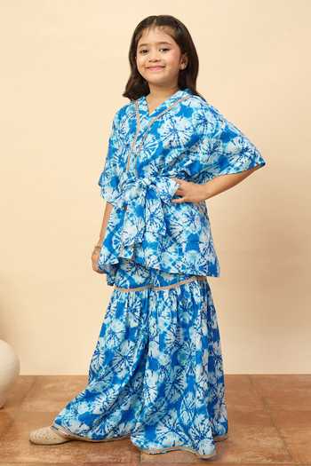 StyloBug Blue Silk, Polyester Printed Kaftan Kurta And Sharara Set at Aza Fashions StyloBug_Blue Silk, Polyester Printed Kaftan Kurta And Sharara Set _at_Aza_Fashions