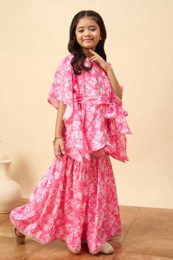 StyloBug Pink Polyester Printed Kaftan Kurta And Sharara Set Online at Aza Fashions StyloBug_Pink Polyester Printed Kaftan Kurta And Sharara Set _Online_at_Aza_Fashions