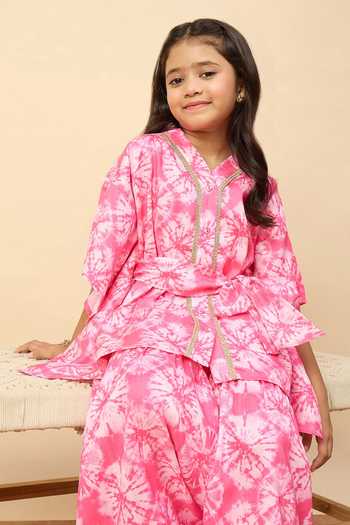 Shop StyloBug Pink Polyester Printed Kaftan Kurta And Sharara Set Online at Aza Fashions Shop_StyloBug_Pink Polyester Printed Kaftan Kurta And Sharara Set _Online_at_Aza_Fashions