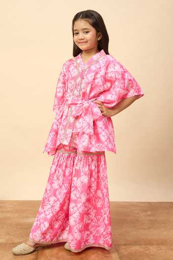 StyloBug Pink Polyester Printed Kaftan Kurta And Sharara Set at Aza Fashions StyloBug_Pink Polyester Printed Kaftan Kurta And Sharara Set _at_Aza_Fashions