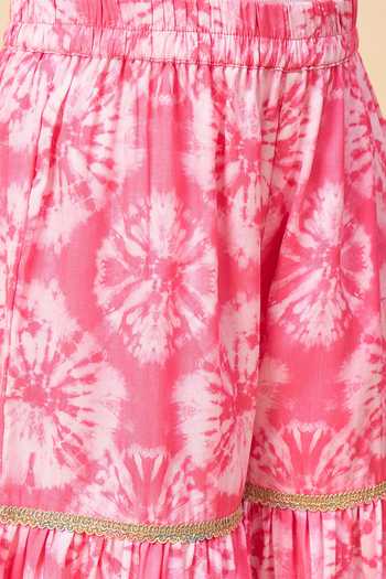 Shop StyloBug Pink Polyester Printed Kaftan Kurta And Sharara Set Shop_StyloBug_Pink Polyester Printed Kaftan Kurta And Sharara Set