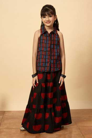 Buy_StyloBug_Black Cotton Printed Sleeveless Shirt And Lehenga Set _Online_at_Aza_Fashions