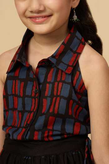 StyloBug_Black Cotton Printed Sleeveless Shirt And Lehenga Set _at_Aza_Fashions
