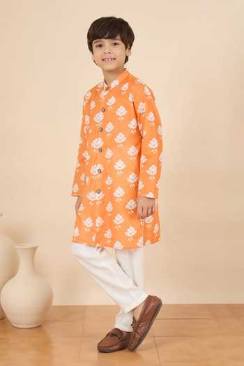 StyloBug Orange Cotton Hand Block Print Kurta Set Online at Aza Fashions StyloBug_Orange Cotton Hand Block Print Kurta Set _Online_at_Aza_Fashions