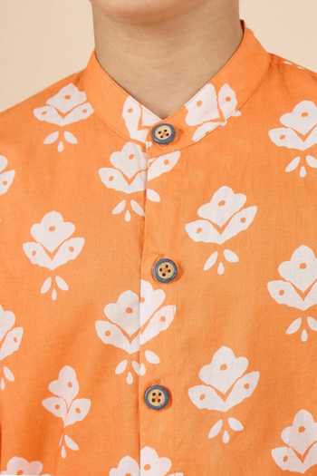 StyloBug Orange Cotton Hand Block Print Kurta Set at Aza Fashions StyloBug_Orange Cotton Hand Block Print Kurta Set _at_Aza_Fashions