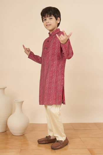 StyloBug_Maroon Polyester Printed Kurta And Pant Set _Online_at_Aza_Fashions