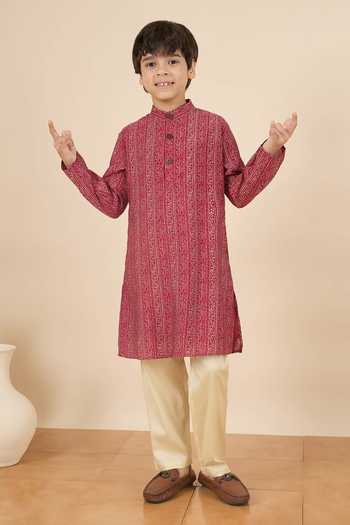 Shop_StyloBug_Maroon Polyester Printed Kurta And Pant Set _Online_at_Aza_Fashions