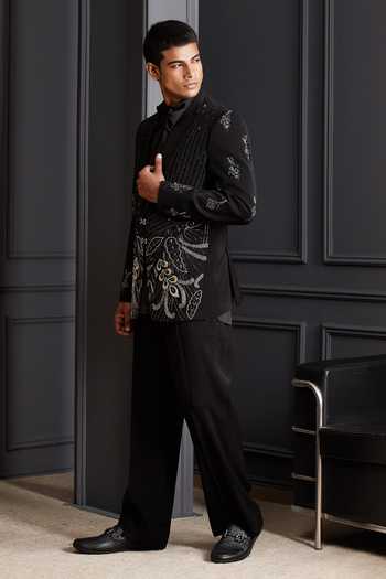 Buy_Soniya G_Black Suiting Embroidery, Zari Noir Floreal Tuxedo Set _Online_at_Aza_Fashions
