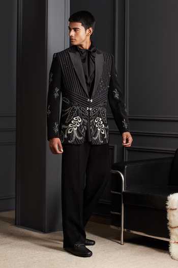 Shop_Soniya G_Black Suiting Embroidery, Zari Noir Floreal Tuxedo Set _Online_at_Aza_Fashions