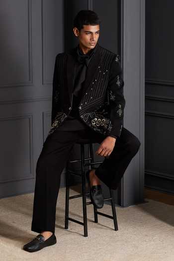 Buy_Soniya G_Black Suiting Embroidery, Zari Noir Floreal Tuxedo Set 