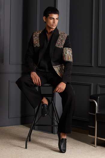 Soniya G Black Embroidery, Zari, Metallic Thread Royal Canvas Tuxedo Set at Aza Fashions Soniya G_Black Embroidery, Zari, Metallic Thread Royal Canvas Tuxedo Set _at_Aza_Fashions