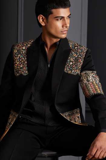 Buy Soniya G Black Embroidery, Zari, Metallic Thread Royal Canvas Tuxedo Set Buy_Soniya G_Black Embroidery, Zari, Metallic Thread Royal Canvas Tuxedo Set