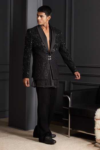 Shop_Soniya G_Black Suiting Sequins, Beads Falak Noir Embroidered Tuxedo Set _Online_at_Aza_Fashions