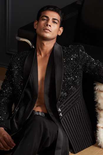 Soniya G_Black Suiting Sequins, Beads Falak Noir Embroidered Tuxedo Set _at_Aza_Fashions
