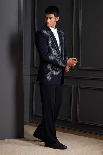 Soniya G Blue Suiting Zari, Metallic Thread Royal Aankh Embroidered Tuxedo Set Online at Aza Fashions Soniya G_Blue Suiting Zari, Metallic Thread Royal Aankh Embroidered Tuxedo Set _Online_at_Aza_Fashions