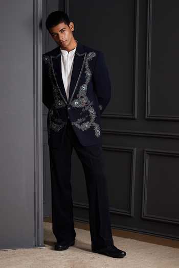 Buy Soniya G Blue Suiting Zari, Metallic Thread Royal Aankh Embroidered Tuxedo Set Online at Aza Fashions Buy_Soniya G_Blue Suiting Zari, Metallic Thread Royal Aankh Embroidered Tuxedo Set _Online_at_Aza_Fashions
