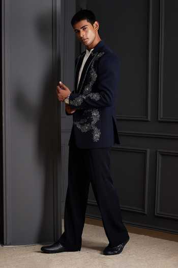 Soniya G Blue Suiting Zari, Metallic Thread Royal Aankh Embroidered Tuxedo Set at Aza Fashions Soniya G_Blue Suiting Zari, Metallic Thread Royal Aankh Embroidered Tuxedo Set _at_Aza_Fashions