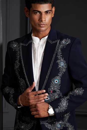 Buy Soniya G Blue Suiting Zari, Metallic Thread Royal Aankh Embroidered Tuxedo Set Buy_Soniya G_Blue Suiting Zari, Metallic Thread Royal Aankh Embroidered Tuxedo Set