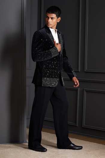 Shop Soniya G Navy Cotton, Velvet Sequins, Crystals Armaan Embroidered Tuxedo Set Online at Aza Fashions Shop_Soniya G_Navy Cotton, Velvet Sequins, Crystals Armaan Embroidered Tuxedo Set _Online_at_Aza_Fashions