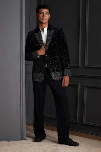 Soniya G Navy Cotton, Velvet Sequins, Crystals Armaan Embroidered Tuxedo Set at Aza Fashions Soniya G_Navy Cotton, Velvet Sequins, Crystals Armaan Embroidered Tuxedo Set _at_Aza_Fashions