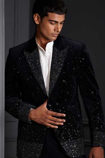 Buy Soniya G Navy Cotton, Velvet Sequins, Crystals Armaan Embroidered Tuxedo Set Buy_Soniya G_Navy Cotton, Velvet Sequins, Crystals Armaan Embroidered Tuxedo Set