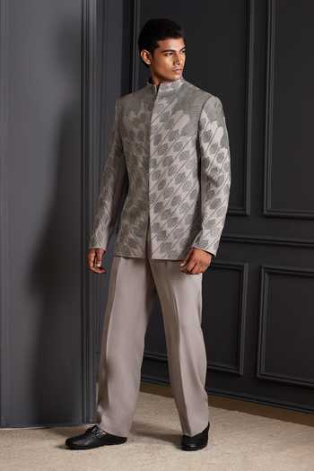 Soniya G_Silver Suiting Beads, Stones Dynasty Embroidered Bandhgala Set _at_Aza_Fashions