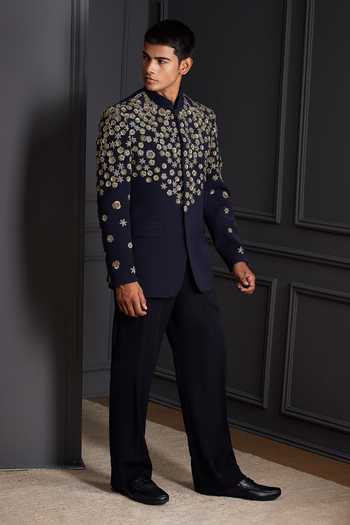 Soniya G Navy Suiting Embroidery, Zari Golden Meadow Bandhgala Set Online at Aza Fashions Soniya G_Navy Suiting Embroidery, Zari Golden Meadow Bandhgala Set _Online_at_Aza_Fashions