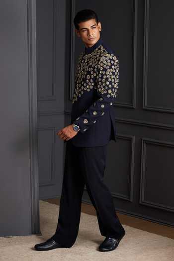 Buy Soniya G Navy Suiting Embroidery, Zari Golden Meadow Bandhgala Set Online at Aza Fashions Buy_Soniya G_Navy Suiting Embroidery, Zari Golden Meadow Bandhgala Set _Online_at_Aza_Fashions