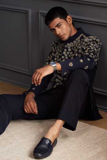 Shop Soniya G Navy Suiting Embroidery, Zari Golden Meadow Bandhgala Set Online at Aza Fashions Shop_Soniya G_Navy Suiting Embroidery, Zari Golden Meadow Bandhgala Set _Online_at_Aza_Fashions
