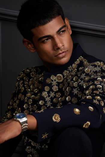 Soniya G Navy Suiting Embroidery, Zari Golden Meadow Bandhgala Set at Aza Fashions Soniya G_Navy Suiting Embroidery, Zari Golden Meadow Bandhgala Set _at_Aza_Fashions