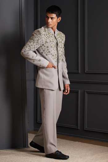 Soniya G_Grey Suiting Zari, Stones Silver Crest Embroidered Bandhgala Set _Online_at_Aza_Fashions