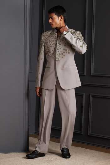 Buy_Soniya G_Grey Suiting Zari, Stones Silver Crest Embroidered Bandhgala Set _Online_at_Aza_Fashions
