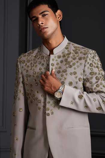Soniya G_Grey Suiting Zari, Stones Silver Crest Embroidered Bandhgala Set _at_Aza_Fashions