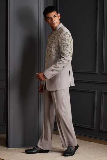 Buy_Soniya G_Grey Suiting Zari, Stones Silver Crest Embroidered Bandhgala Set 