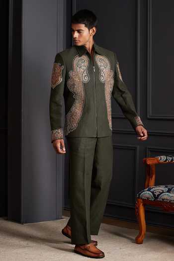 Shop Soniya G Green Linen Zari, Metallic Thread, Patchwork Nawab Embroidered Bandhgala Set Online at Aza Fashions Shop_Soniya G_Green Linen Zari, Metallic Thread, Patchwork Nawab Embroidered Bandhgala Set _Online_at_Aza_Fashions