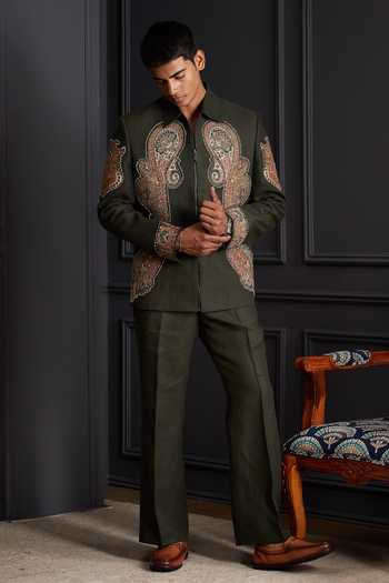 Soniya G Green Linen Zari, Metallic Thread, Patchwork Nawab Embroidered Bandhgala Set at Aza Fashions Soniya G_Green Linen Zari, Metallic Thread, Patchwork Nawab Embroidered Bandhgala Set _at_Aza_Fashions