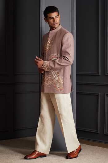 Buy_Soniya G_Ivory Linen Embroidery, Zari Mehrab Bandhgala Set _Online_at_Aza_Fashions