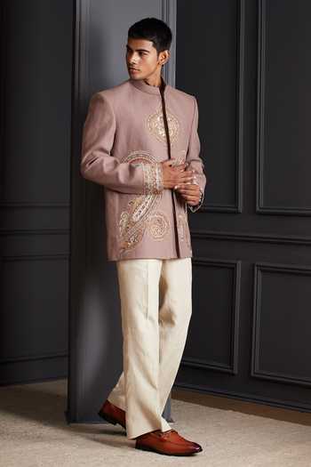 Shop_Soniya G_Ivory Linen Embroidery, Zari Mehrab Bandhgala Set _Online_at_Aza_Fashions