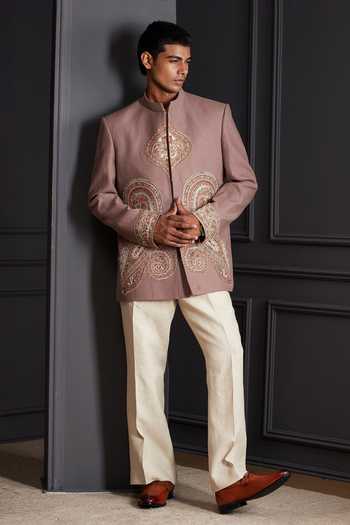 Soniya G_Ivory Linen Embroidery, Zari Mehrab Bandhgala Set _at_Aza_Fashions