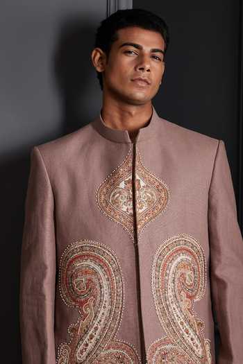 Buy_Soniya G_Ivory Linen Embroidery, Zari Mehrab Bandhgala Set 