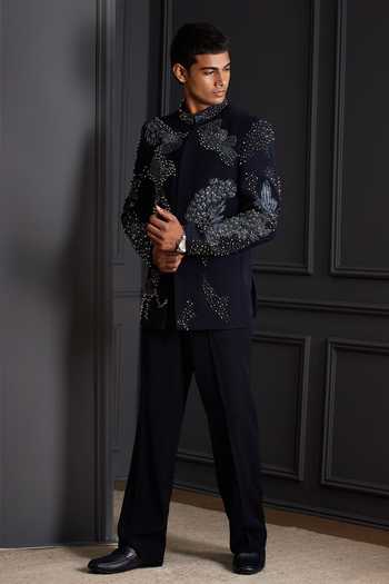 Buy_Soniya G_Navy Suiting Sequins, Beads, Zari, Stones Crown Embroidered Bandhgala Set _Online_at_Aza_Fashions