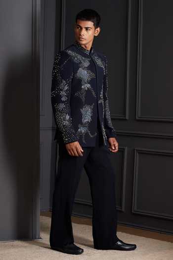Shop_Soniya G_Navy Suiting Sequins, Beads, Zari, Stones Crown Embroidered Bandhgala Set _Online_at_Aza_Fashions